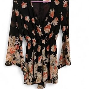 Floral Black Romper with Orange Accents